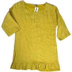 Lungo L'uorno 100% Linen Tunic Mustard Yellow Stripe Half Sleeve Ruffle Womens S
